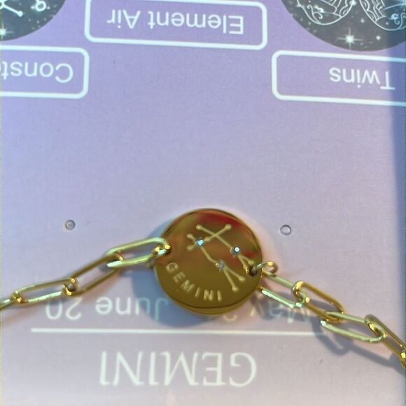 Crystal Gemini Zodiac Engraved Bracelet in ION Plated YG Stainless Steel 7” - Picture 4 of 6